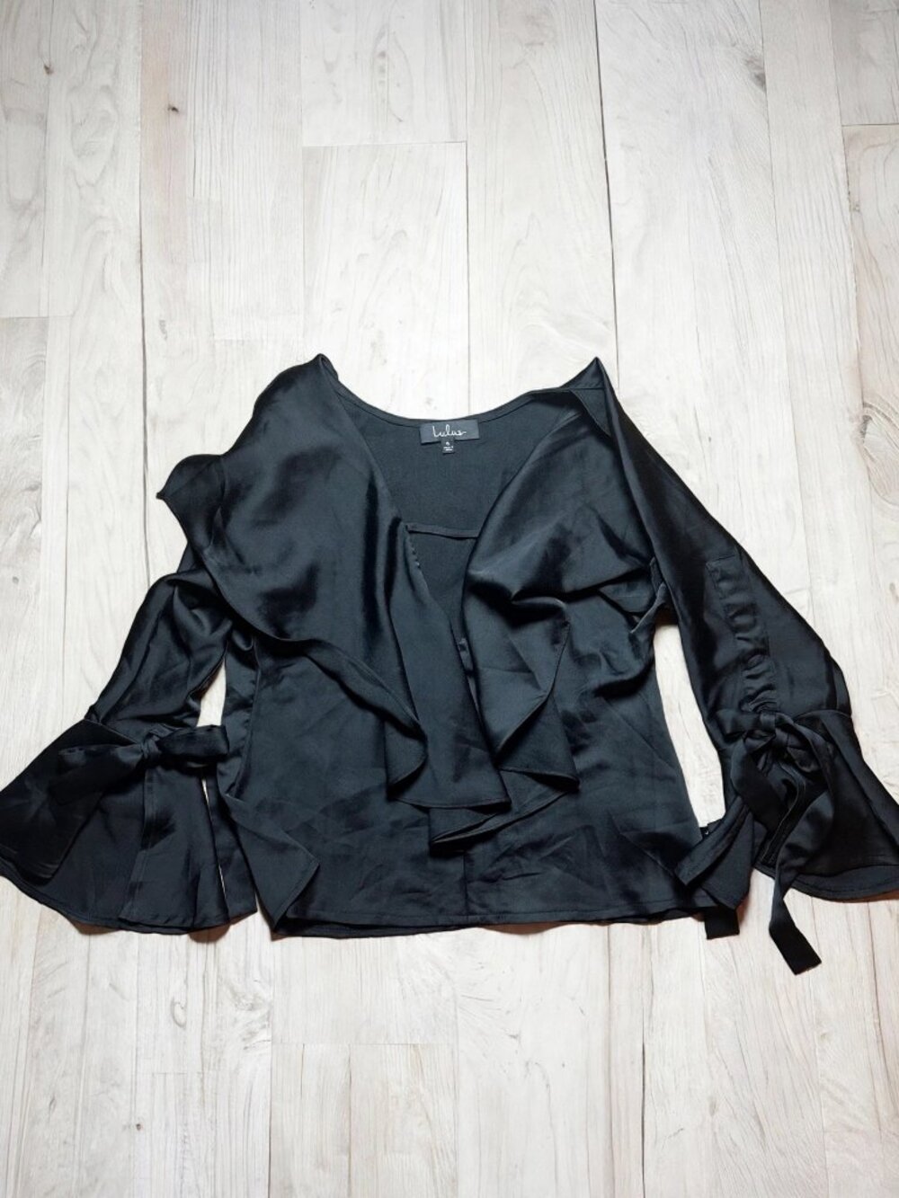 Lulus Black Satin Ruffle Blouse NWT Size Small Bow Sleeve Top
